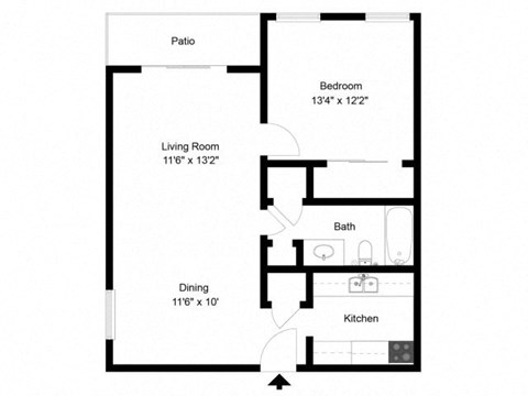 Floor plan for 1 bed, 1 bath, 600 sqft